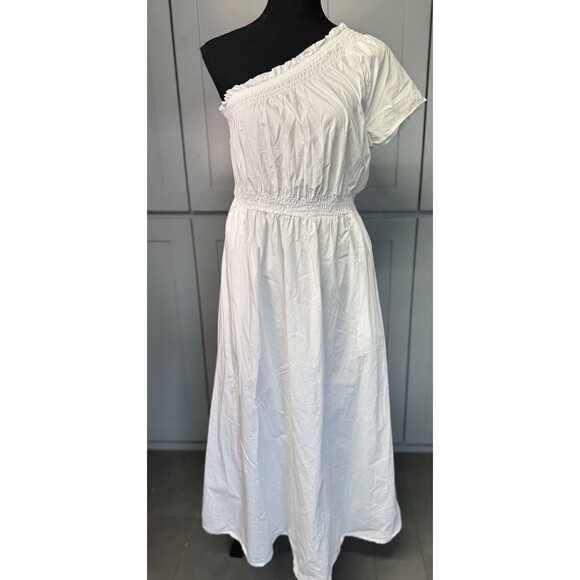 J Crew Smocked Cotton Poplin One-Shoulder Dress White XS Coastal Boho Resortwear - Picture 4 of 13